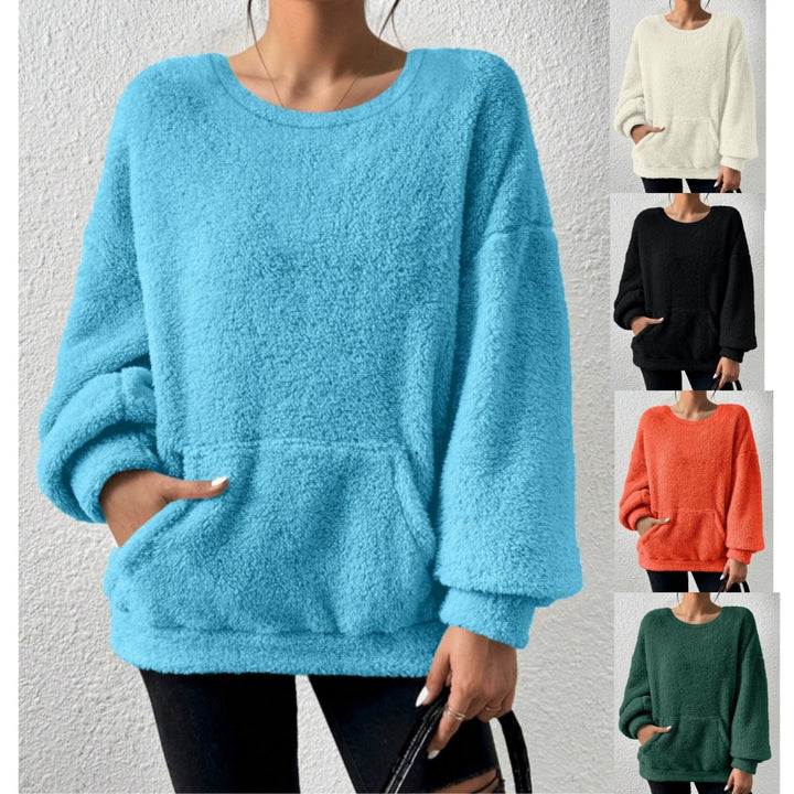 Ladies Cozy Oversized Sherpa Sweater with Kangaroo Pocket and Balloon Sleeves Mune Fashion