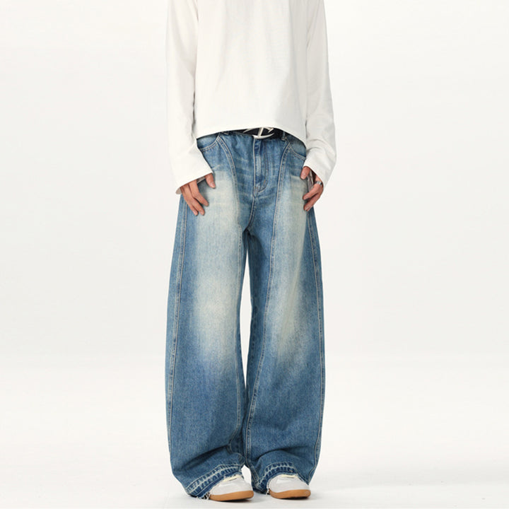 Men's Extra Wide Vintage Denim Jeans with Palazzo Cut and Vertical Seam Design Mune Fashion