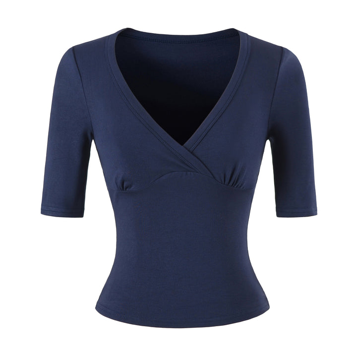 Women's body-hugging wrap shirt with deep V-neck, three-quarter sleeves, and waist accentuation Mune Fashion