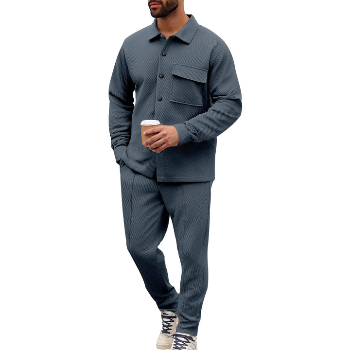 Men's Comfort Two-Piece Waffle Structure Shirt Jacket with Flap Pocket and Relaxed Cuff Pants Mune Fashion