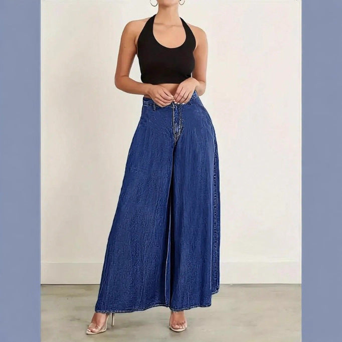 Women Extra Wide High-Waist Denim Palazzo Pants with Flowing A-Line Fall Mune Fashion