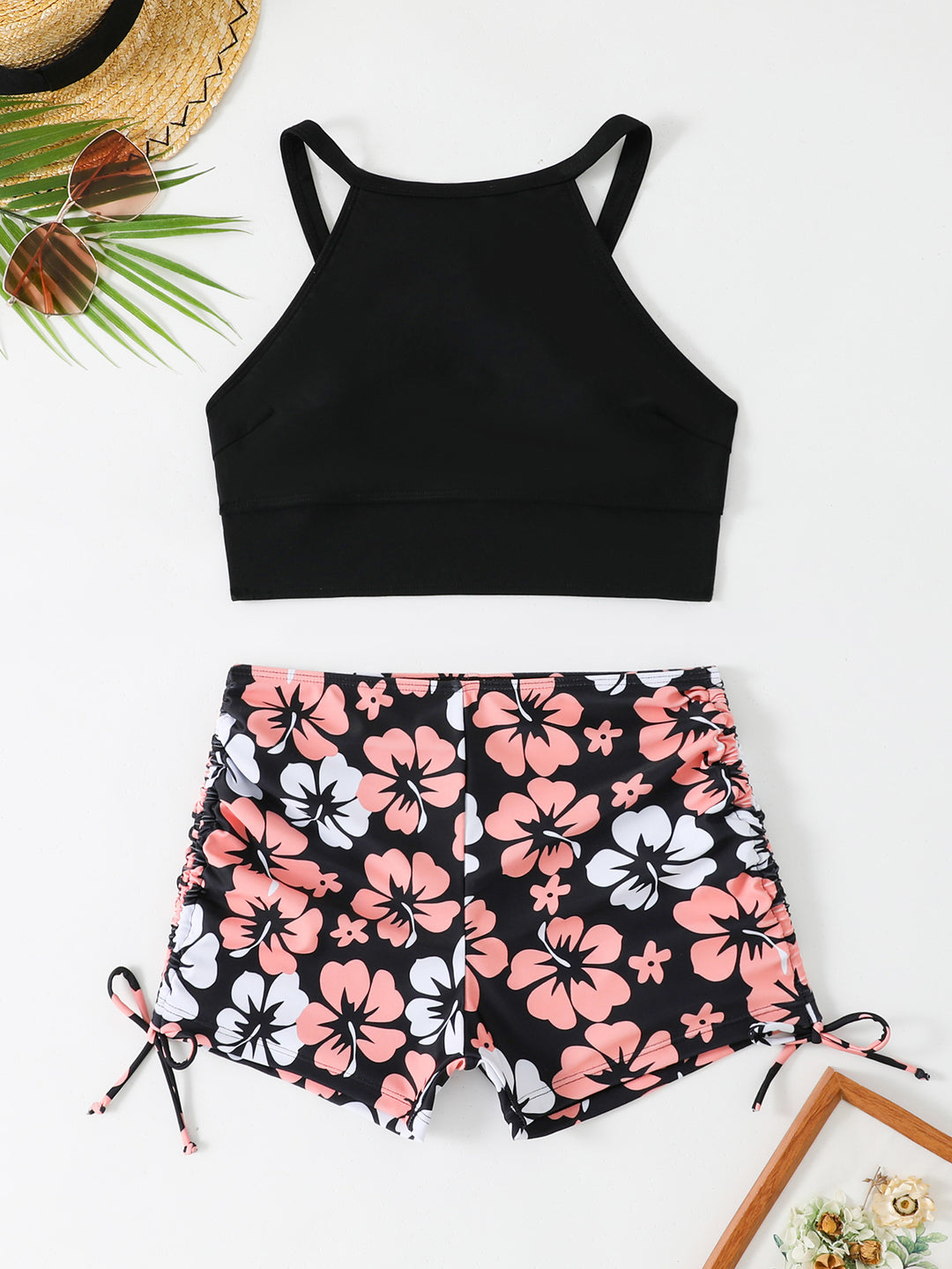Women’s Sporty Bikini Set with Floral Top and Shorts Mune Fashion