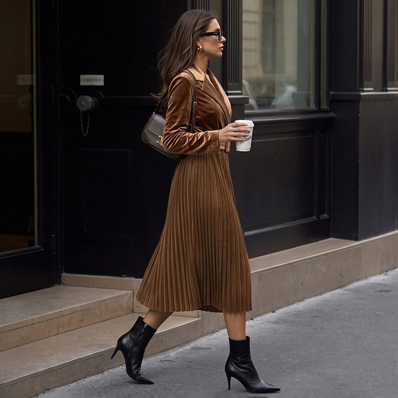 Ladies' velvet midi dress with wrap top, shawl collar, waist belt, and pleated skirt Mune Fashion