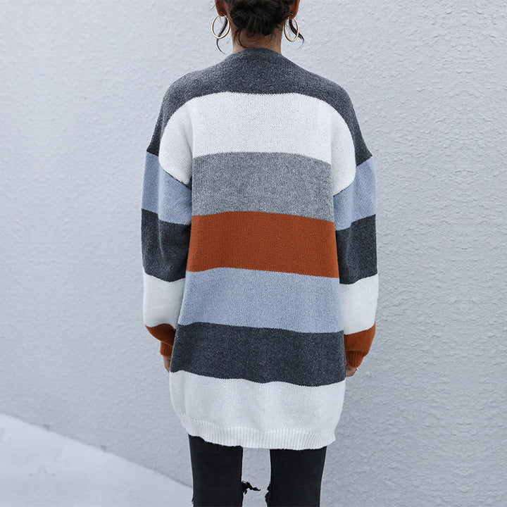 Women's oversized cardigan with wide block stripes, open front & casual shoulder drop