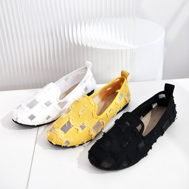 Women's casual slip-on shoes with mesh inserts and frayed denim details Mune Fashion