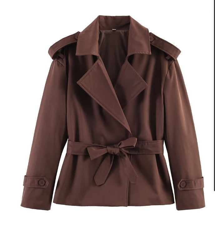 Women Tailored Short Trench Coat with Tie Belt and Epaulettes Mune Fashion