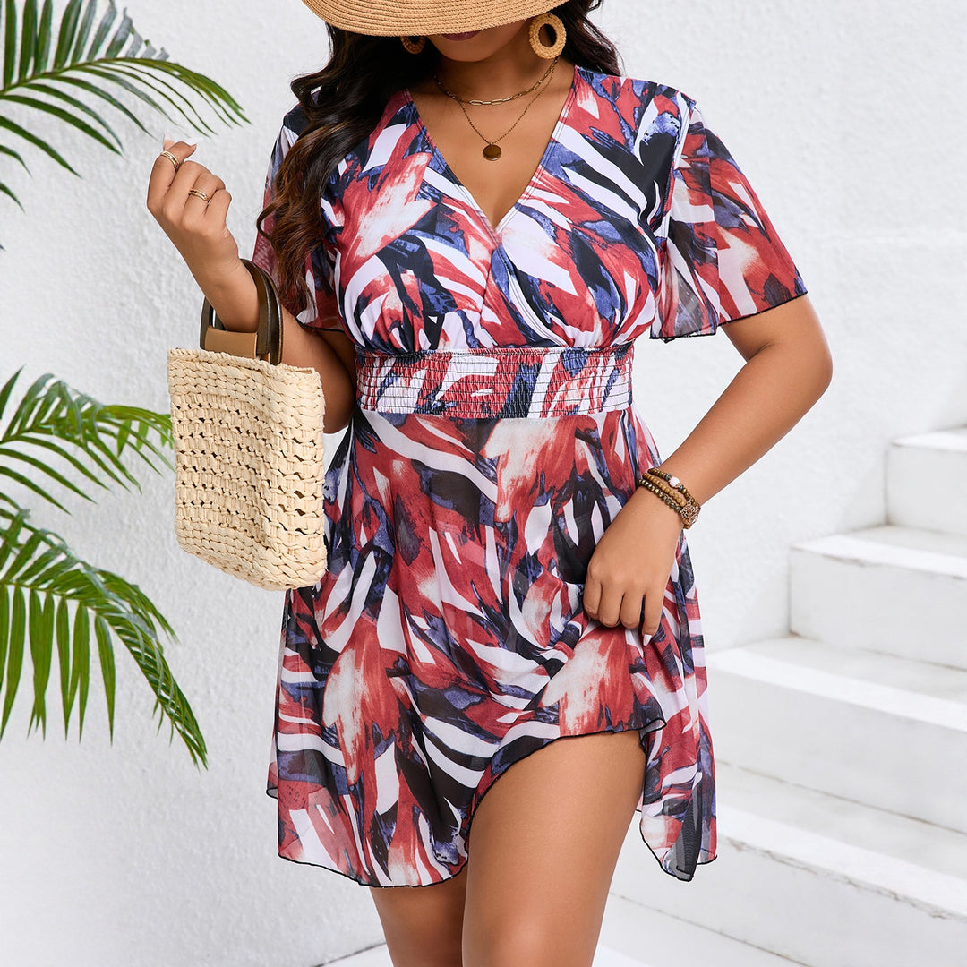 Women Flowing Beach Dress with V-Neck and Fashionable Elastic Mune Fashion