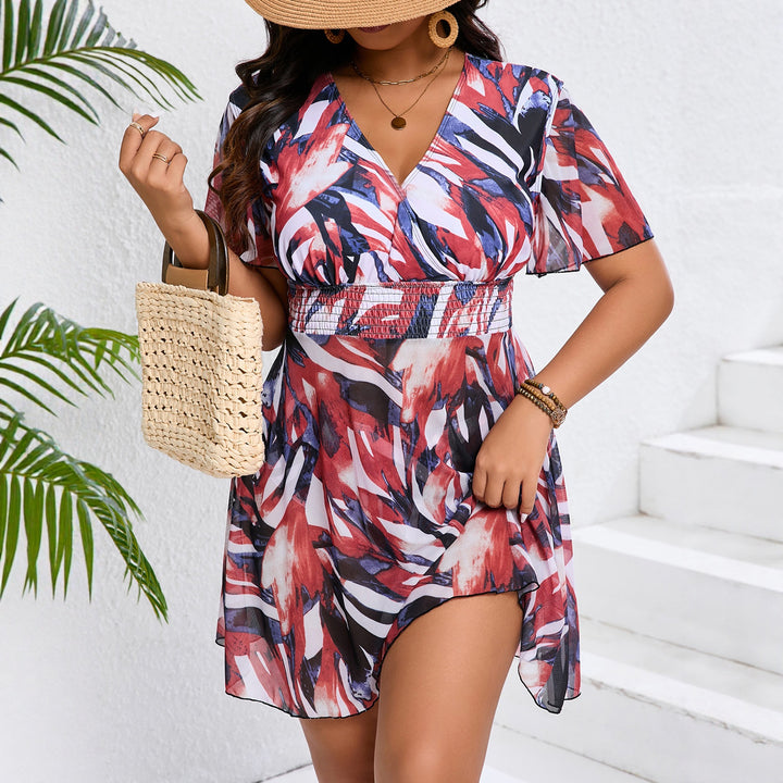 Women Flowing Beach Dress with V-Neck and Fashionable Elastic Mune Fashion