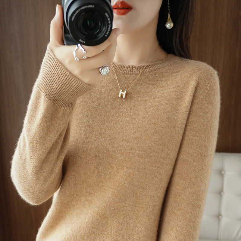 Women Soft Cashmere Blend Rounded Neck Sweater with Fine Ribbed Cuff