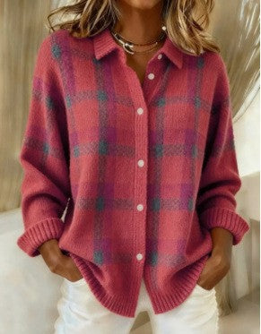 Women's Checked Knit Shirt Jacket Cardigan with Shirt Collar and Ribbed Cuffs Mune Fashion