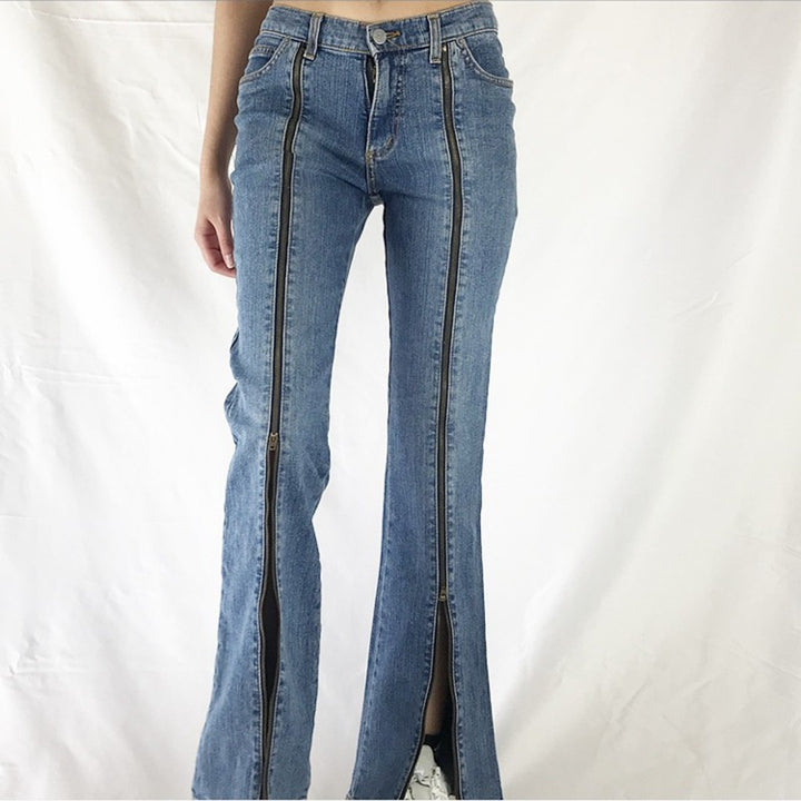 Ladies nan jeans pants with continuous front zippers, high front leg opening and flared bell bottom Mune Fashion