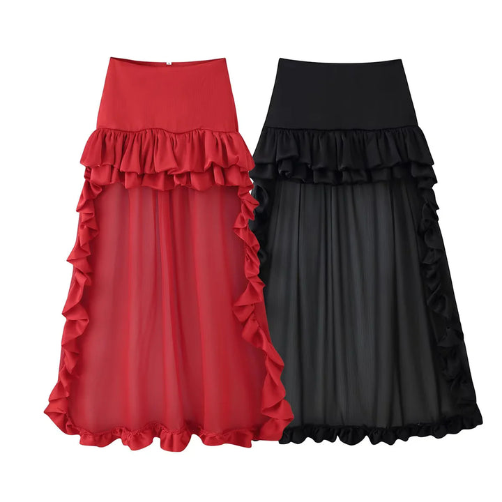 Women's maxi skirt with high waist, multi-layered ruffles and transparent tulle overlay Mune Fashion