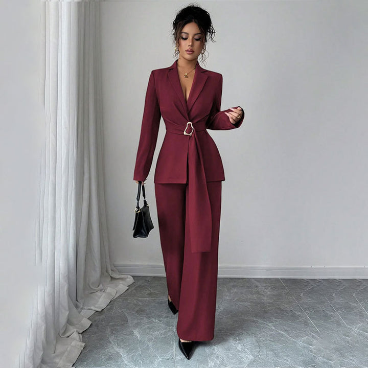 Women Elegant Blazer Suit with Waist Belt Mune Fashion
