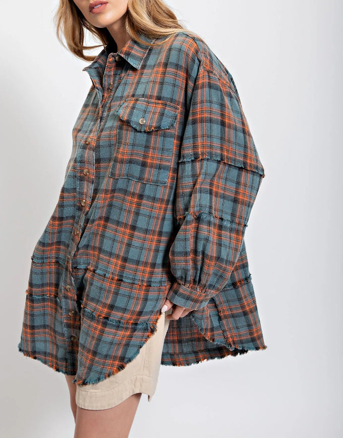 Women's oversized check shirt with fringe trim, chest pockets, and loose fit Mune Fashion