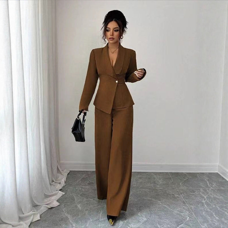 Women's tailored pantsuit set with asymmetrical blazer and wide-leg Mune Fashion