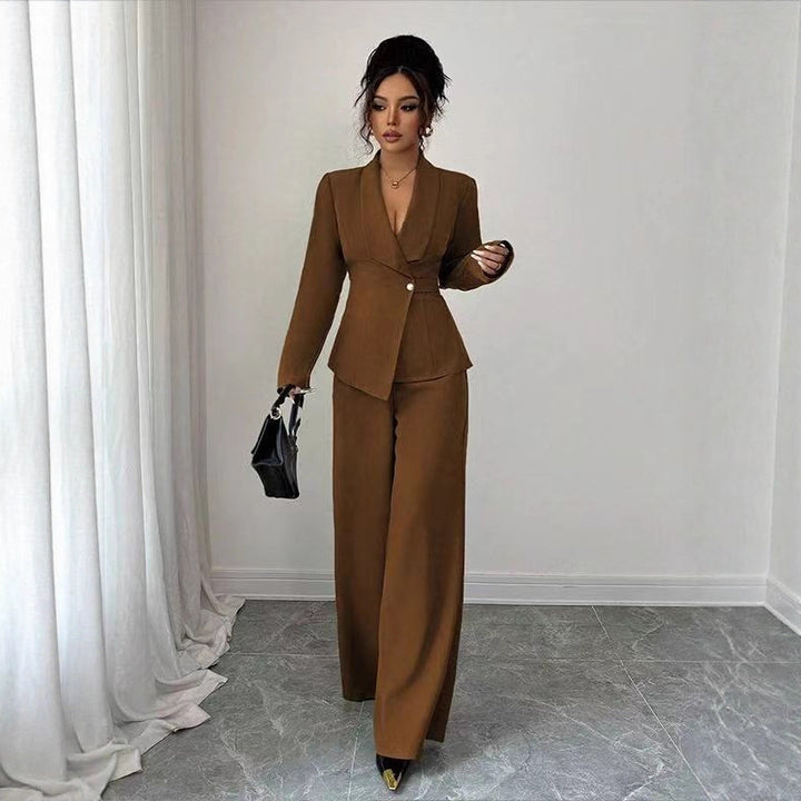 Women's tailored pantsuit set with asymmetrical blazer and wide-leg Mune Fashion