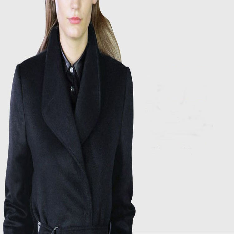 Women’s maxi long tailored wrap long coat with shawl collar and fine tie belt Mune Fashion