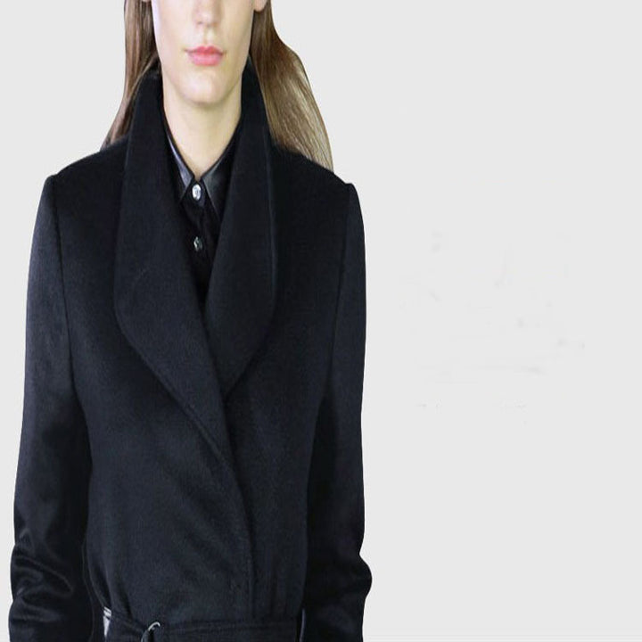 Women’s maxi long tailored wrap long coat with shawl collar and fine tie belt Mune Fashion