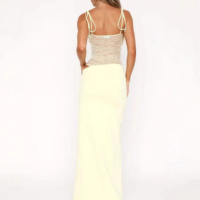 Women’s elegant max dress with transparent lace bodice, bandeau top, and tie straps Mune Fashion