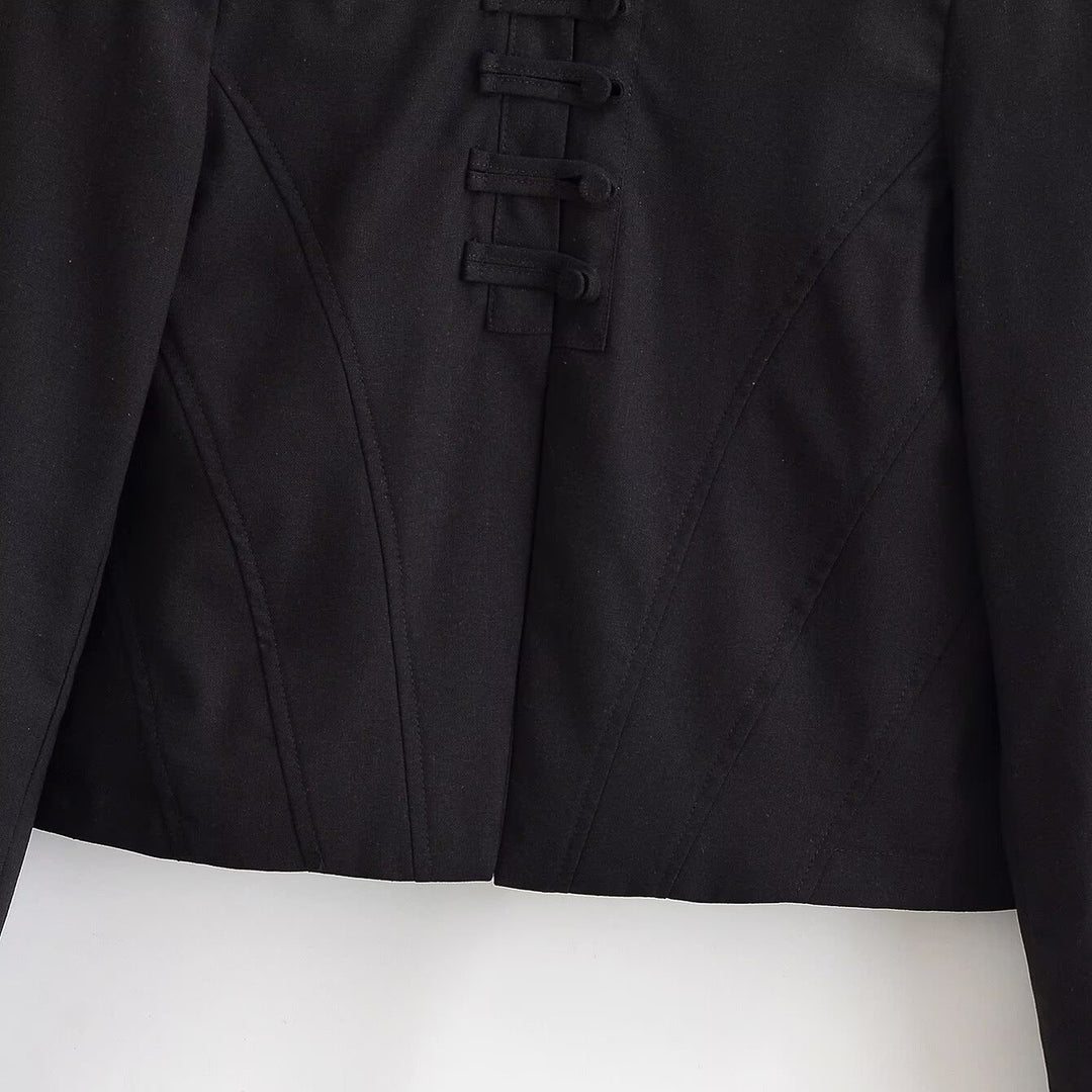 Women short fitted jacket with stand-up collar and decorative loop tape Mune Fashion
