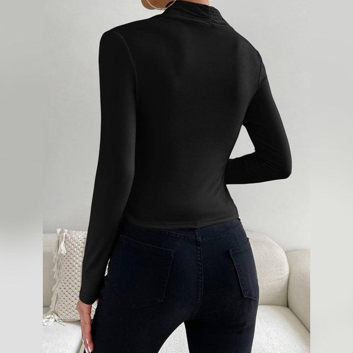 Women's Fitted Long Sleeve Shirt with Wrap Collar and Side Gathering Mune Fashion