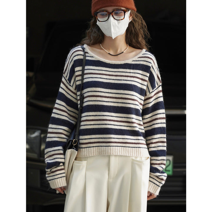 Ladies Soft Oversize Stripe Sweater with Boat Neck and Fluffy Look Mune Fashion