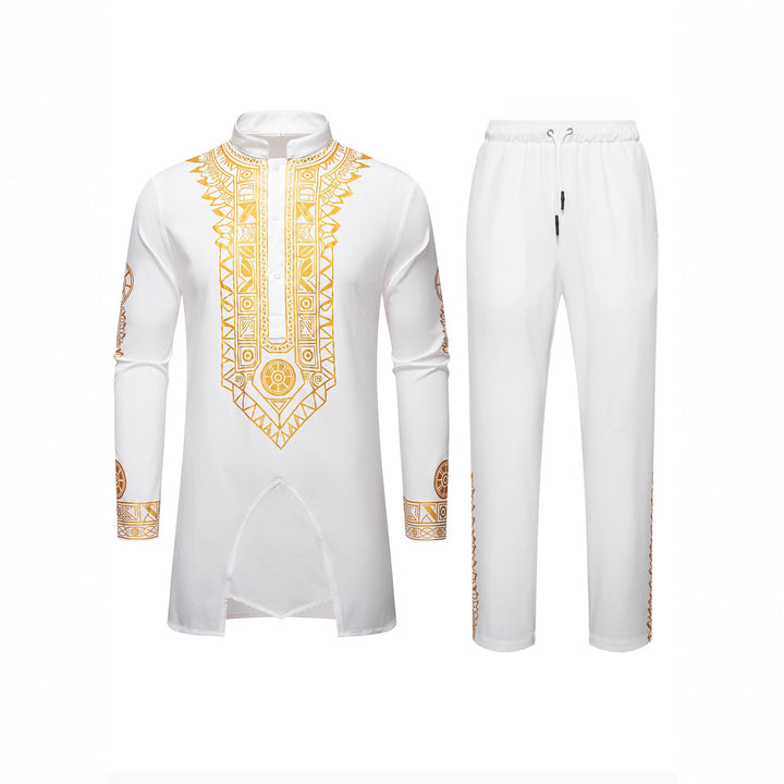 Men's Traditional Long Sleeve Kurta Set with Stand Collar, Gold Ornament Print and Drawstring Pants Mune Fashion