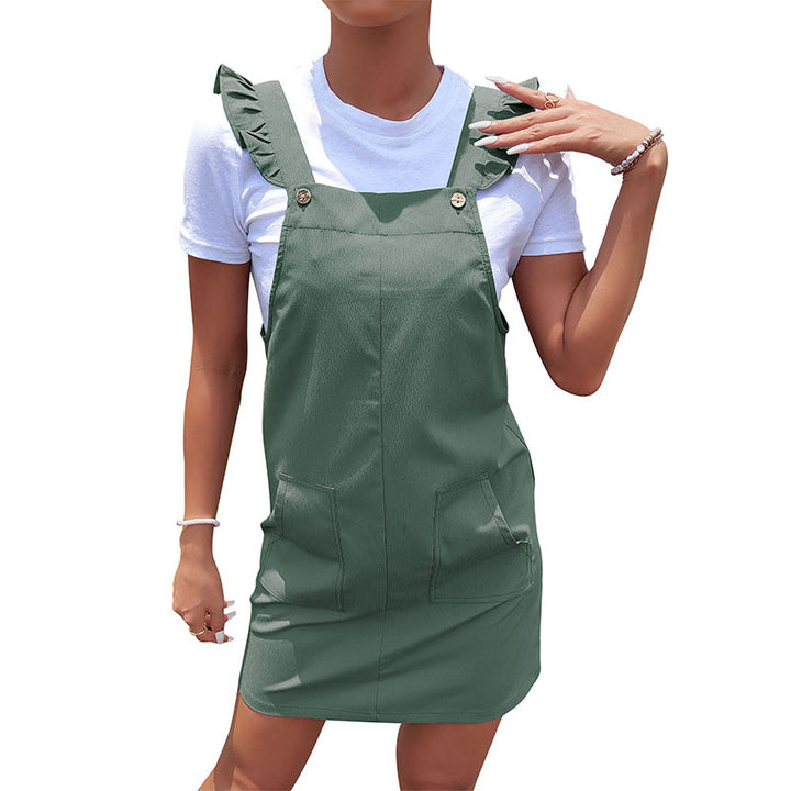 Women's dungaree mini dress with ruffled straps, patch pockets, and casual summer fit Mune Fashion