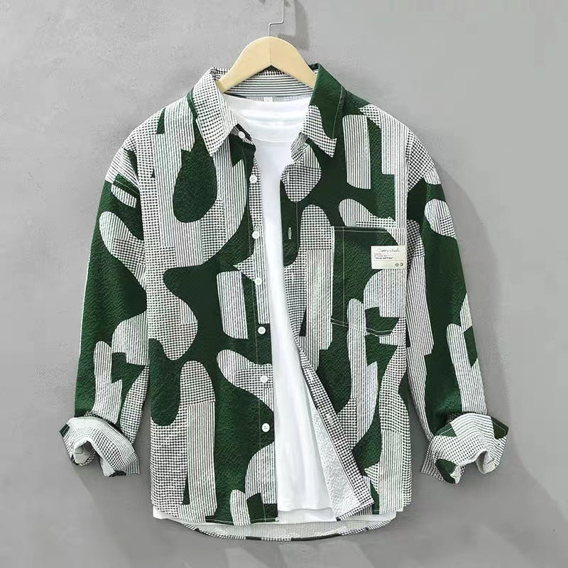 Men's Oversize Shirt with Abstract Camouflage Print and Chest Pocket Mune Fashion
