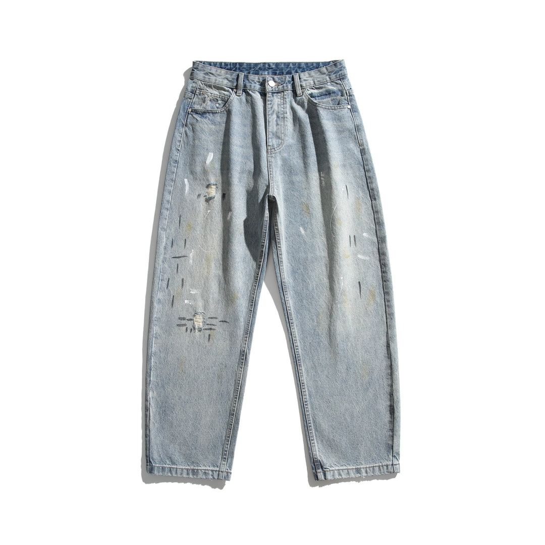 Unisex Casual Relaxed-Fit Jeans with High Waist and Paint-Distress Mune Fashion