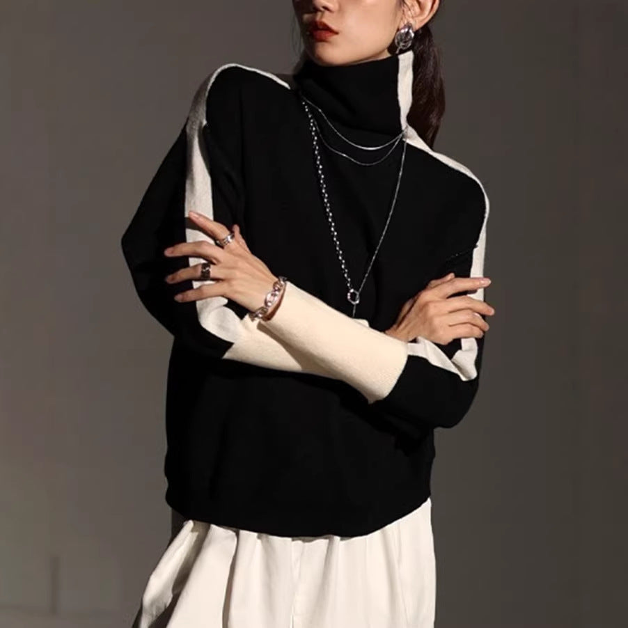 Women's Roll Neck Fine Knit Sweater with Wide Raglan Sleeves and Contrast Stripes Mune Fashion
