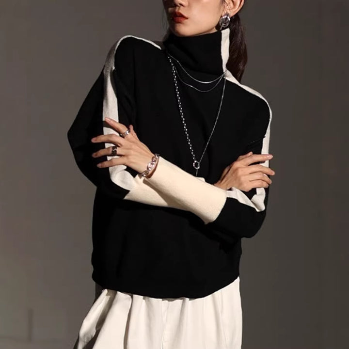 Women's Roll Neck Fine Knit Sweater with Wide Raglan Sleeves and Contrast Stripes Mune Fashion