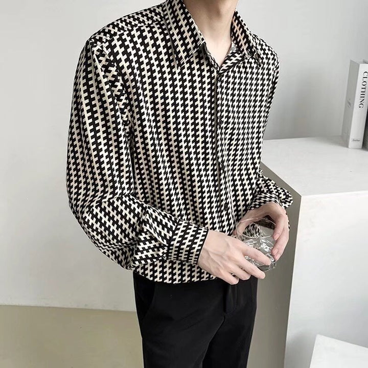 Men's Patterned Oversized Shirt with Houndstooth Motif and Classic Shirt Collar Mune Fashion