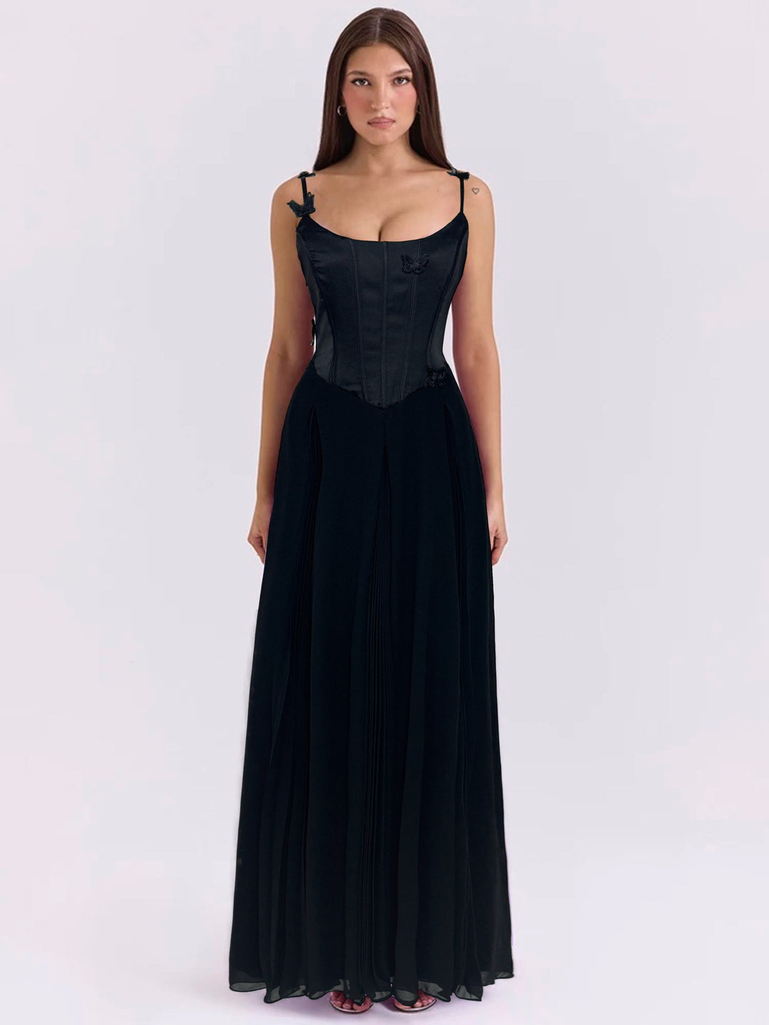 Women's bodycon corset maxi dress with butterfly straps and pleated chiffon skirt Mune Fashion