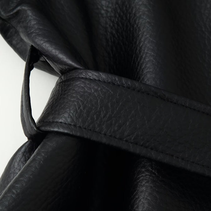 Women's Tailored Faux Leather Blazer with Shawl Collar and Tie Belt Mune Fashion