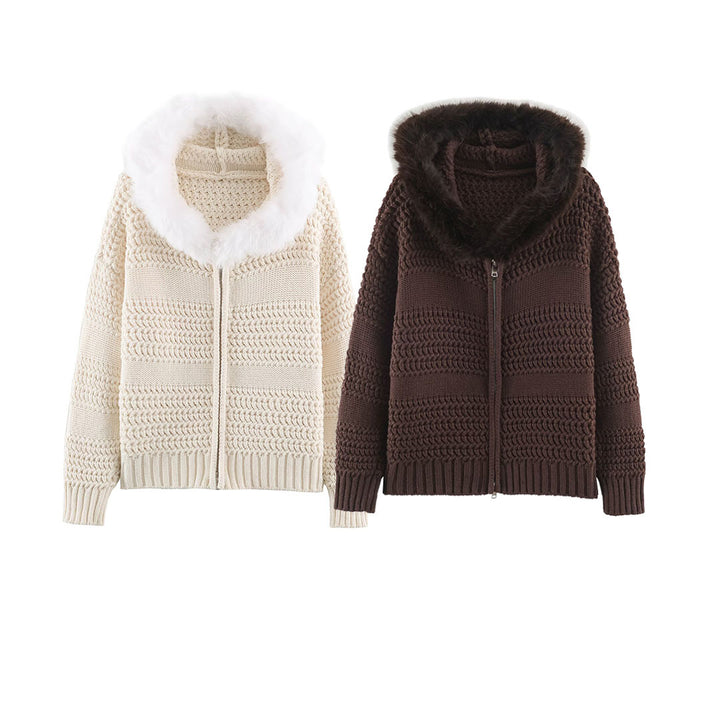 Women's chunky knit cardigan with zipper and faux fur hood Mune Fashion