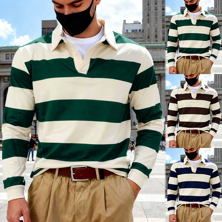 Men's striped rugby polo shirt made of cotton blend with short button placket and ribbed cuffs Mune Fashion