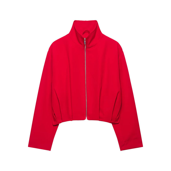 Women's Cropped Boxy Jacket with High Stand Collar and Continuous Zipper Mune Fashion