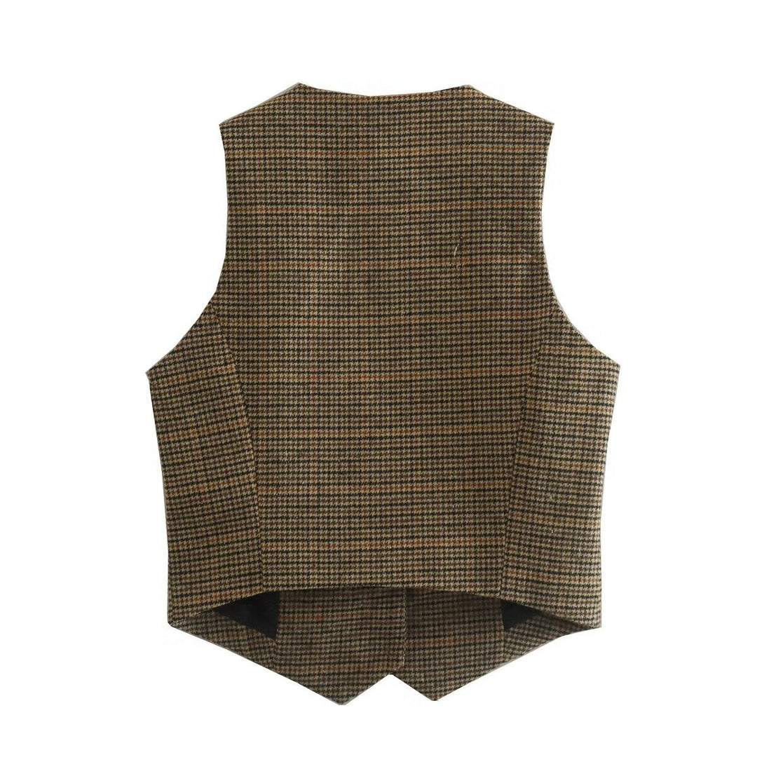 Women's tailored houndstooth vest with V-neck and classic button placket Mune Fashion