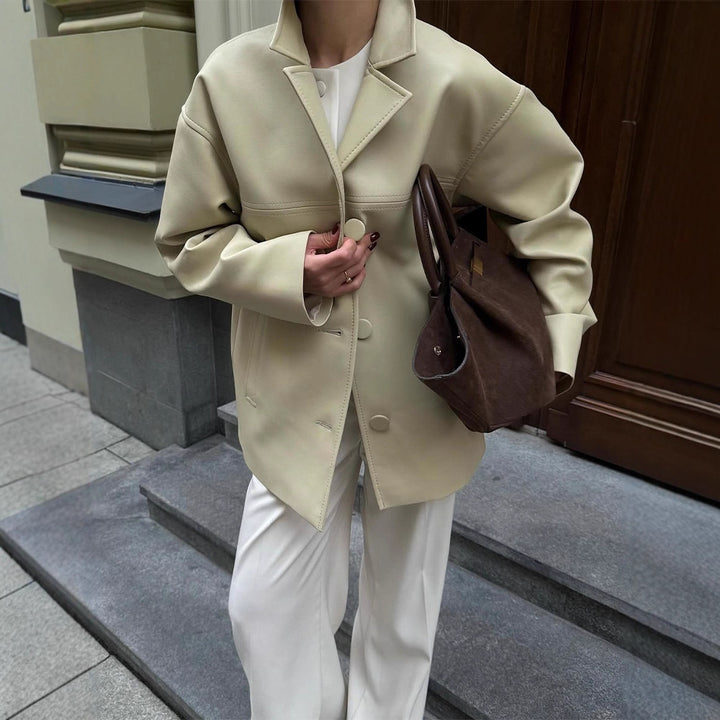 Women Boxy Oversized Blazer Jacket made of vegan leather imitation with dropped shoulder Mune Fashion