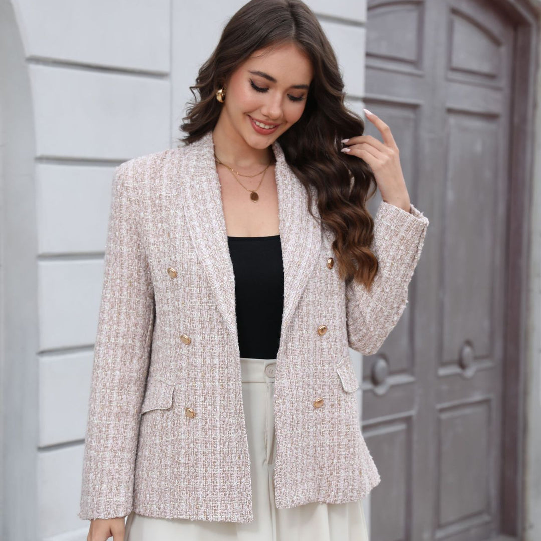 Women Double-Breasted Bouclé Blazer with Shawl Collar, Tailored Silhouette and Decorative Buttons Mune Fashion