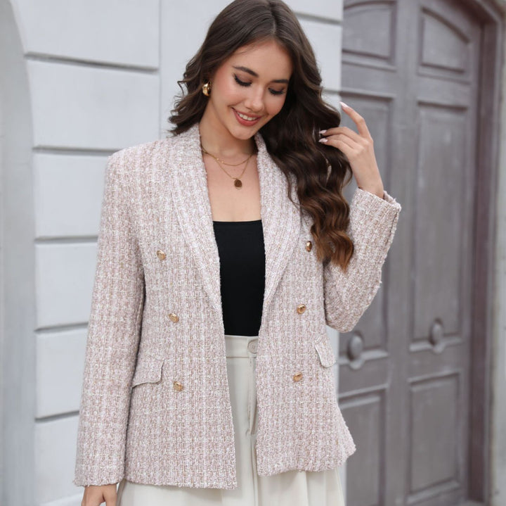 Women Double-Breasted Bouclé Blazer with Shawl Collar, Tailored Silhouette and Decorative Buttons Mune Fashion
