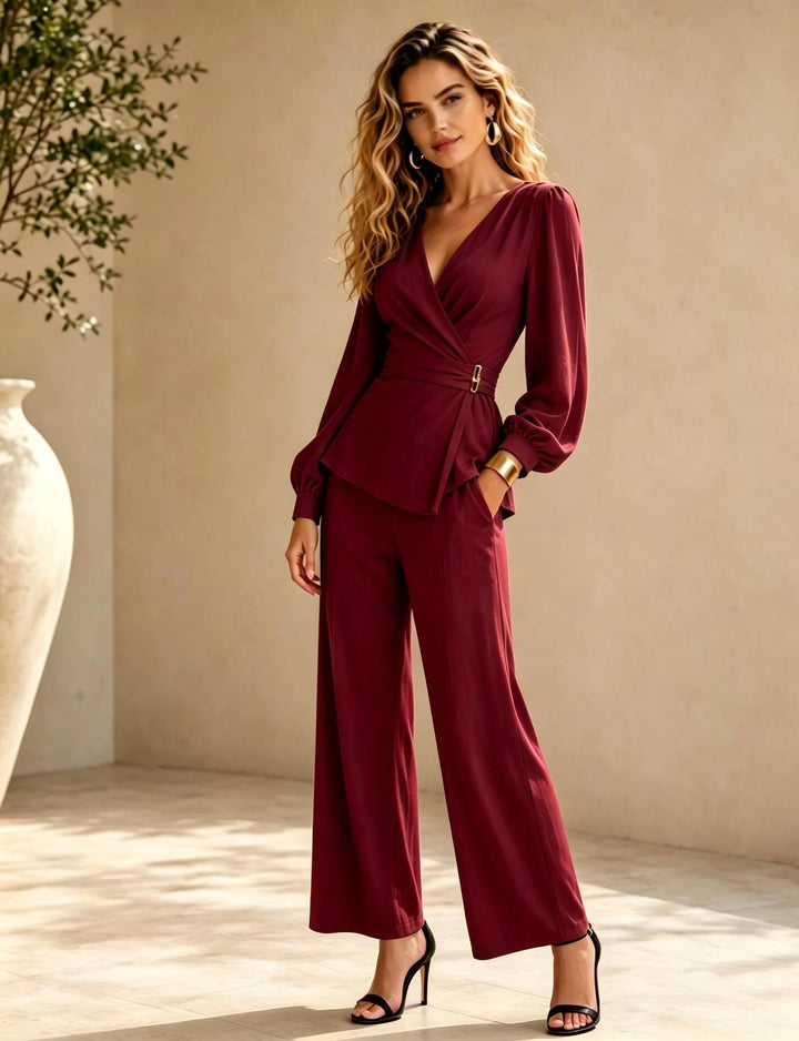 Women Elegant Wrap Jumpsuit with Wide Pants Legs Mune Fashion
