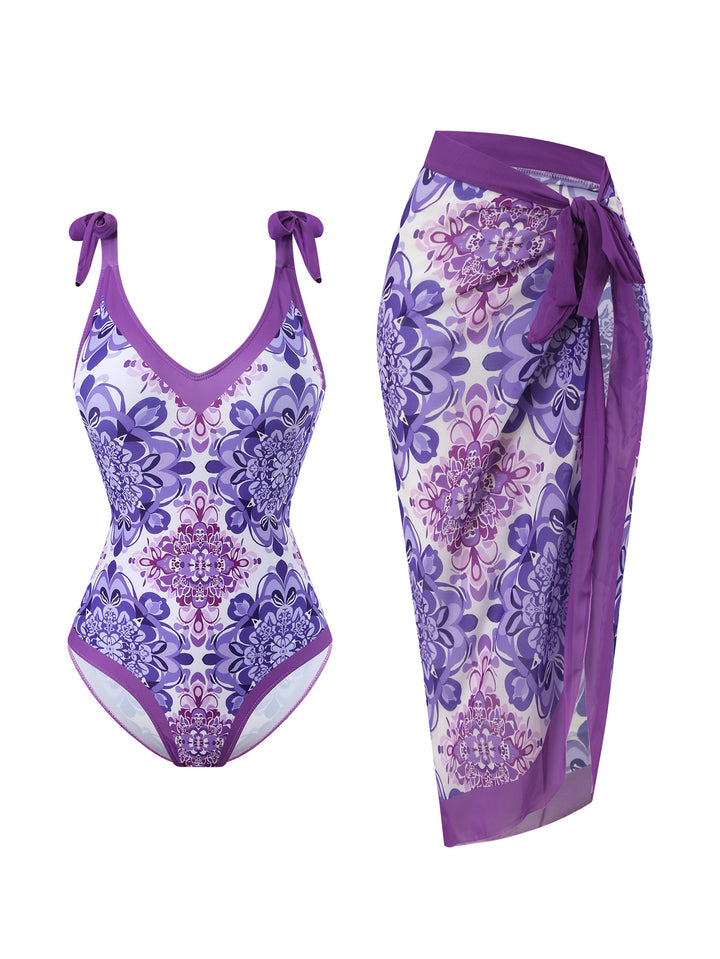 Women's swimsuit with floral design and transparent wrap skirt Mune Fashion