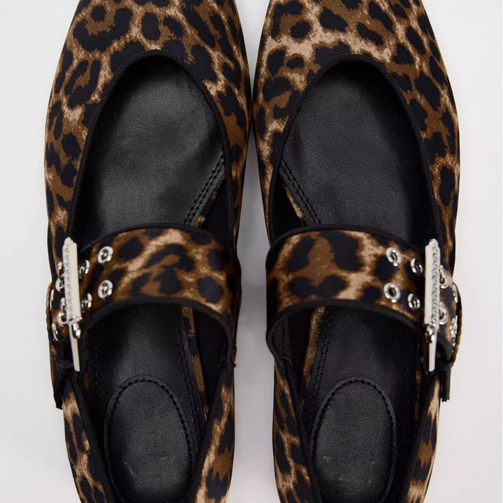 Ladies Flat Strap Ballerinas with Wide Decorative Buckle Strap and Leopard Pattern Mune Fashion