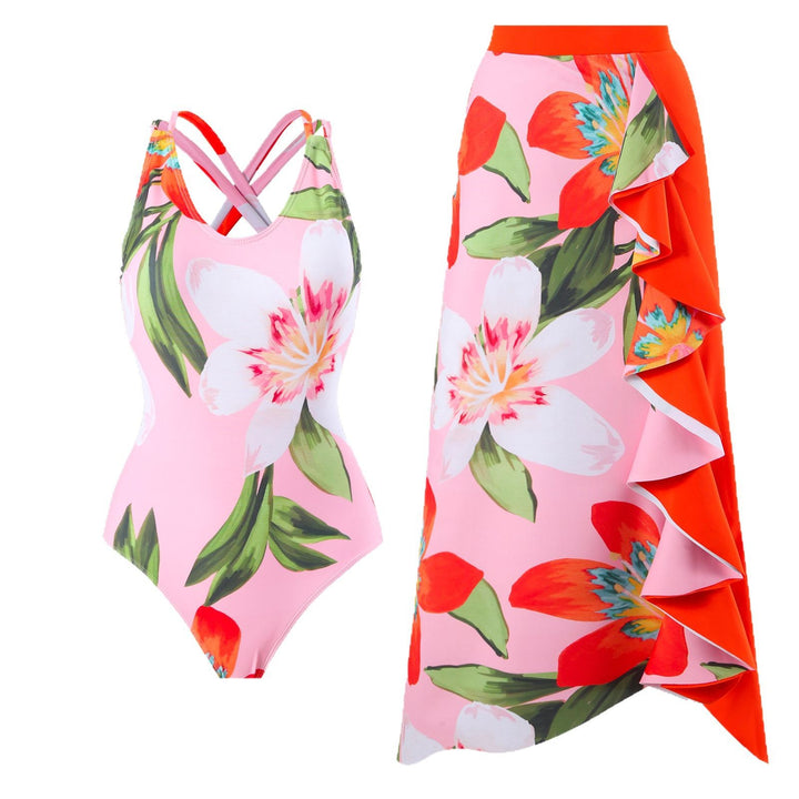 Women's swimsuit set with floral one-piece and elegant wrap skirt Mune Fashion
