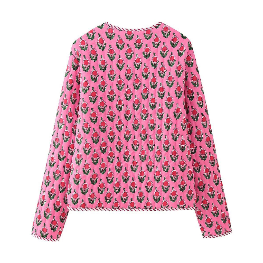 Women's Padded Quilted Blouse Jacket with Floral Allover Print and Contrast Piping Mune Fashion