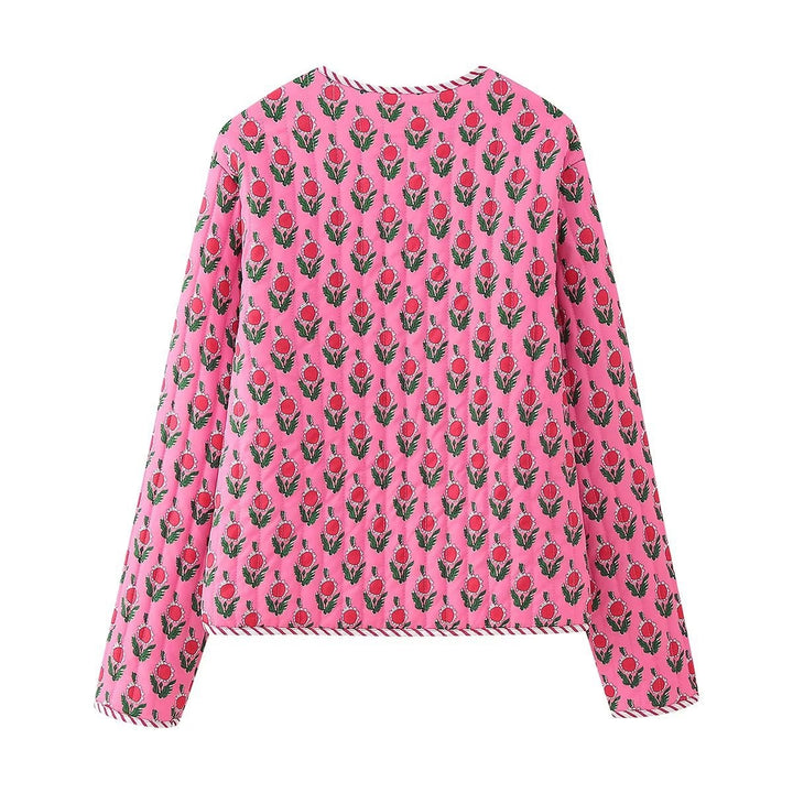 Women's Padded Quilted Blouse Jacket with Floral Allover Print and Contrast Piping Mune Fashion
