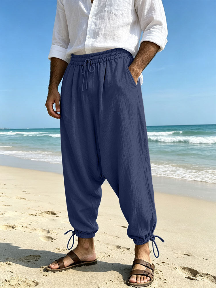 Men's Loose Linen Harem Pants with Elastic Waistband and Adjustable Ankle Cuffs Mune Fashion