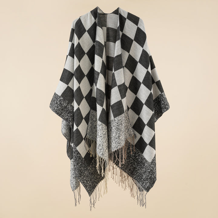 Women Oversized Poncho with Check Pattern and Fringes Mune Fashion